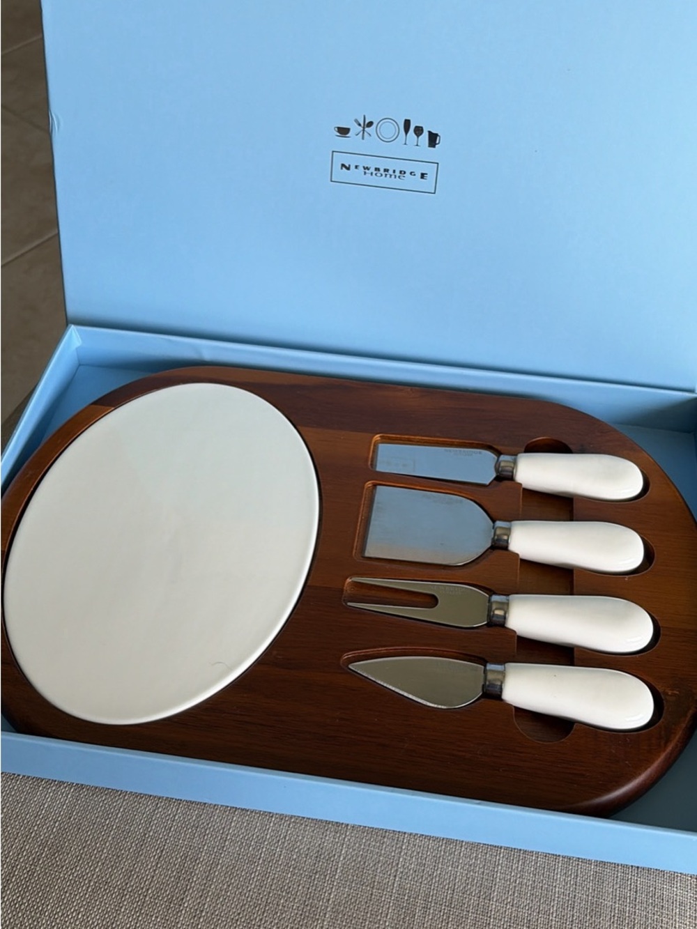 Newbridge Home White Handle Cheese Knife Set with Wooden Board and Ceramic Plate